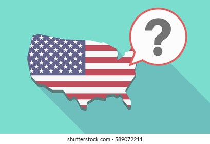 Illustration of a long shadow USA map, its flag and a comic balloon with a question sign