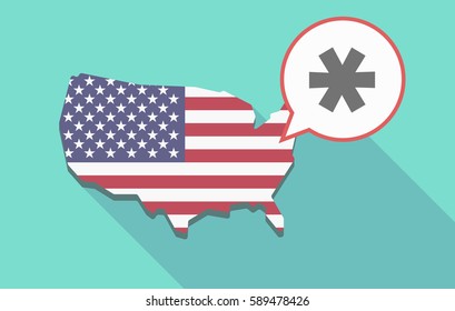 Illustration of a long shadow USA map, its flag and a comic balloon with an asterisk