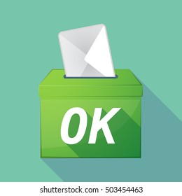 Illustration of a long shadow vector ballot box icon with    the text OK