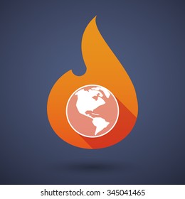 Illustration of a long shadow vector flame icon with an America region world globe