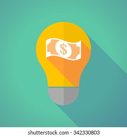 Illustration of a long shadow vector light bulb with a dollar bank note