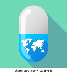 Illustration of a long shadow vector pill with a world map