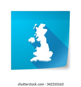 Illustration of a long shadow vector sticky note icon with  a map of the UK 
