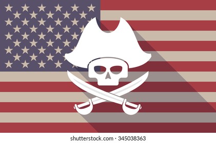 Illustration of a long shadow vector USA flag icon with a pirate skull