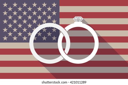 Illustration of a long shadow vector USA flag icon with   two bonded wedding rings