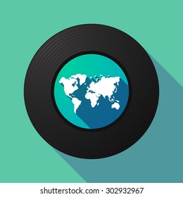 Illustration of a long shadow vinyl record with a world map