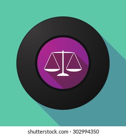 Illustration of a long shadow vinyl record with a justice weight scale sign