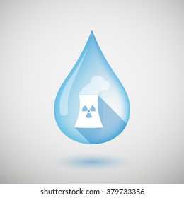 Illustration of a long shadow water drop icon with a nuclear power station