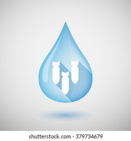 Illustration of a long shadow water drop icon with three bombs falling