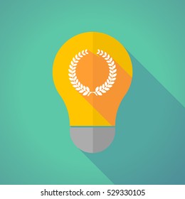 Illustration of a long shadow yellow light bulb with  a laurel crown sign