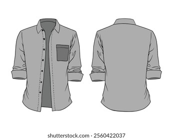 Illustration of a long shirt with rolled up sleeves visible from the front and back, isolated on a white background