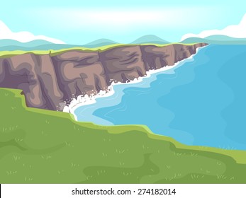 Ilustração de um longo trecho de penhasco de calcário pelo mar