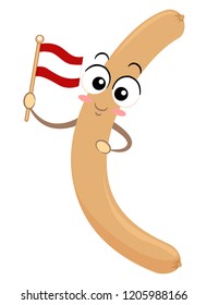 Illustration of a Long Vienna Sausage Mascot Holding Austrian Flag