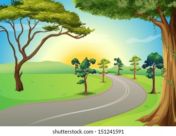 Illustration of a long winding road at the forest