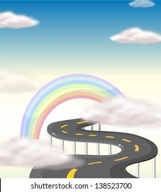 Illustration of a long winding road going to the rainbow