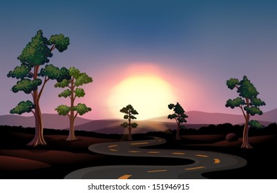 Illustration of a long and winding road going to the forest