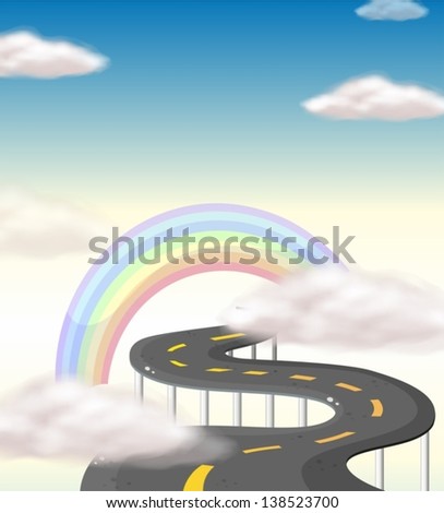 Illustration of a long winding road going to the rainbow
