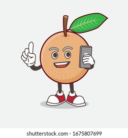 An illustration of Longan Fruit cartoon mascot character speaking on the phone