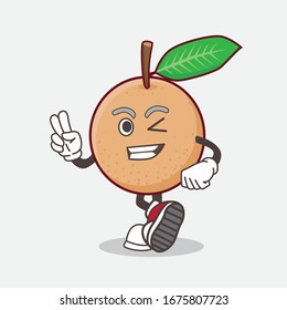 An illustration of Longan Fruit cartoon mascot character with two fingers