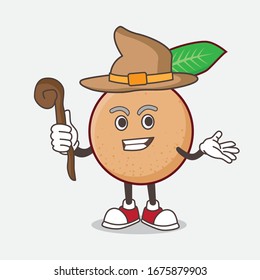 An illustration of Longan Fruit cartoon mascot character as a witch on the stage