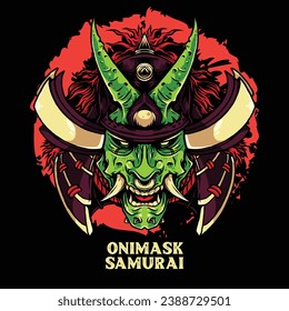 illustration of a long-fanged oni-faced human head wearing a horned samurai helmet.
for t-shirt design, posters, stickers, tattoos and other purposes