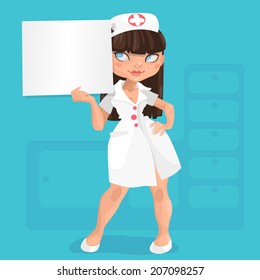 Illustration of long-haired brunette young nurse with message board