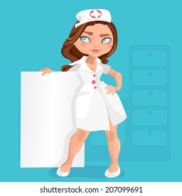 Illustration of long-haired brunette young nurse on a colored background with massage board