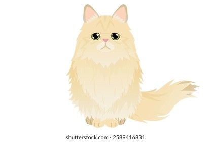 Illustration of a long-haired cat, a gold Persian cat, sitting looking at the camera, Vector Illustration