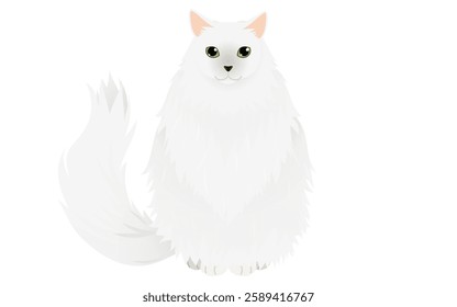 Illustration of a long-haired cat, a silvery-skinned Siberian, sitting facing forward, Vector Illustration