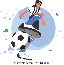 Illustration of a long-haired man playing football with a dynamic and colorful design concept that gives the impression of courage and enthusiasm.