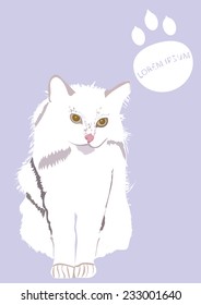An illustration of long-haired white cat, with paw print and text.