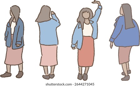 Illustration of a long-haired woman in everyday poses