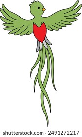 Illustration of a Long-tailed Quetzal Flying with a Front View