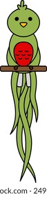 Illustration of a Long-tailed Quetzal viewed from the front on a branch