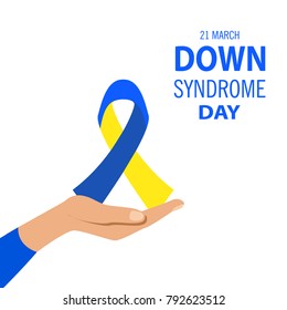Illustration of loop with symbolic colors of down syndrome. The hand holding the ribbon down syndrome day.