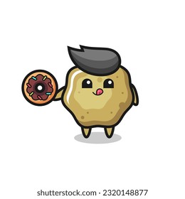 ilustración de un personaje de taburete suelto comiendo una nuez de rosquilla, diseño de estilo lindo para camiseta, pegatina, elemento logo