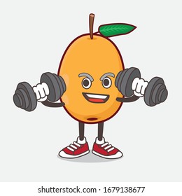 An illustration of Loquat Fruit cartoon mascot character on fitness exercise trying barbells