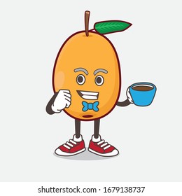 An illustration of Loquat Fruit cartoon mascot character with a cup of coffee