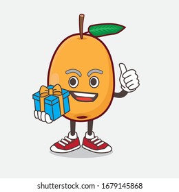 An illustration of Loquat Fruit cartoon mascot character with gift