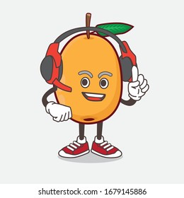 An illustration of Loquat Fruit cartoon mascot character speaking on a headphone
