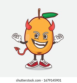 An illustration of Loquat Fruit cartoon mascot character as red devil with horns and tail
