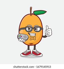 An illustration of Loquat Fruit cartoon mascot character as attractive gamer
