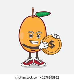 An illustration of Loquat Fruit cartoon mascot character holding a gold coin medal