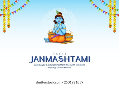 Illustration von Lord Bal Krishna im religiösen Festivalhintergrund Indiens für die Shri Krishna Janmashtami-Feier