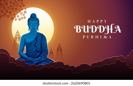 illustration of Lord Buddha in meditation for Buddhist festival of Happy Buddha Purnima Vesak
