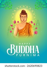 illustration of Lord Buddha in meditation for Buddhist festival of Happy Buddha Purnima Vesak
