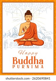 illustration of Lord Buddha in meditation for Buddhist festival of Happy Buddha Purnima Vesak