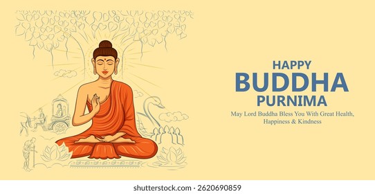 illustration of Lord Buddha in meditation for Buddhist festival of Happy Buddha Purnima Vesak