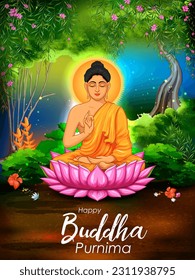 illustration of Lord Buddha in meditation under Bodhi Tree for Buddhist festival Happy Buddha Purnima Vesak