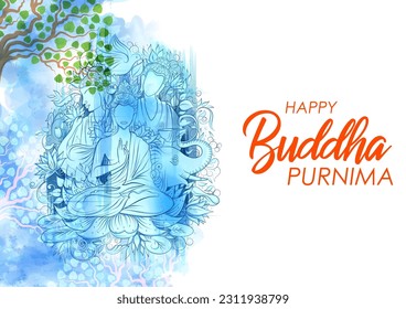 illustration of Lord Buddha in meditation under Bodhi Tree for Buddhist festival Happy Buddha Purnima Vesak